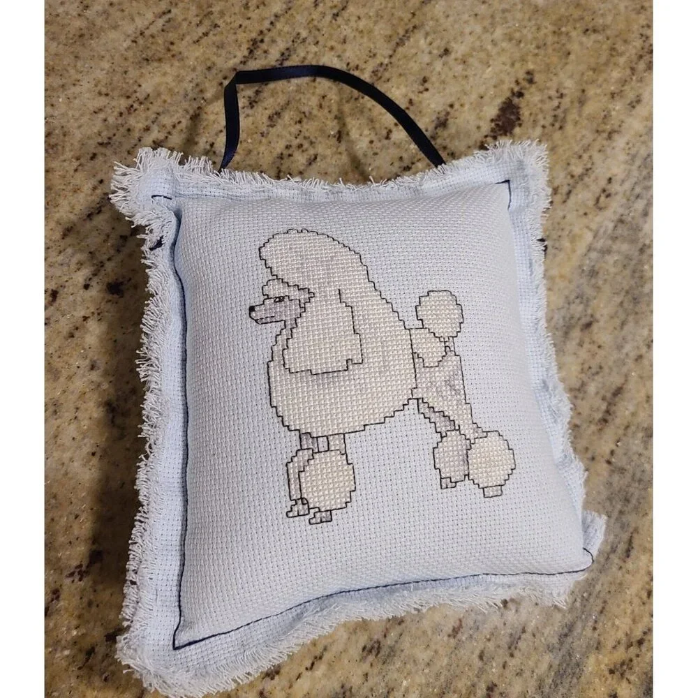 Toy Poodle Needlepoint Cross Stitch Mini Pillow Door Knob Hanger Blue Fur Baby